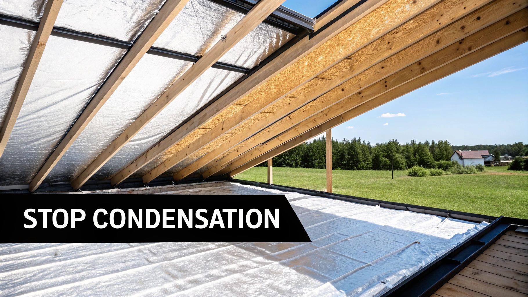 Inside a metal building under construction, showing roof insulation, wooden beams, and a green field view.