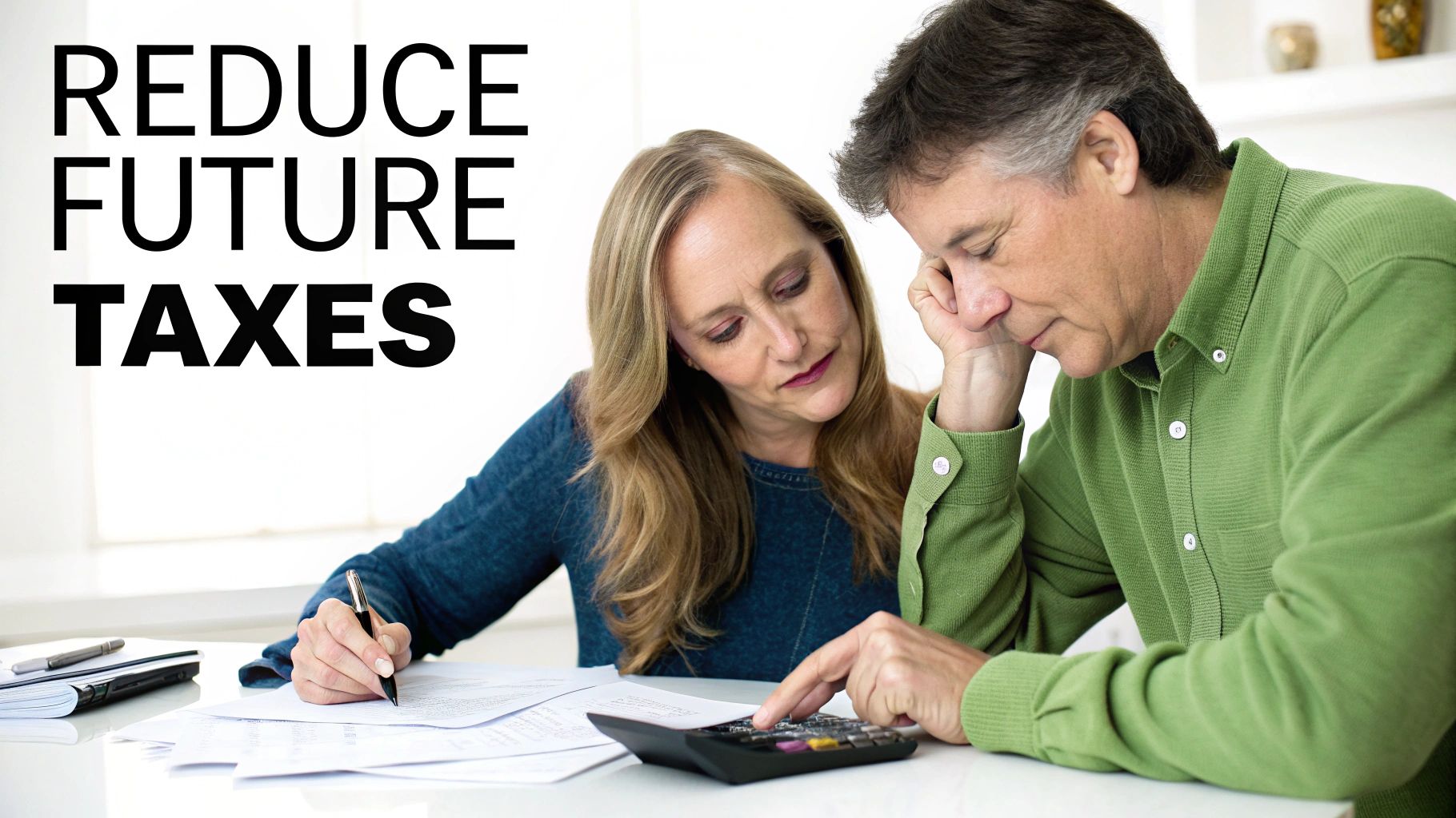 A couple reviews financial documents and uses a calculator, with text 'REDUCE FUTURE TAXES' overlay.