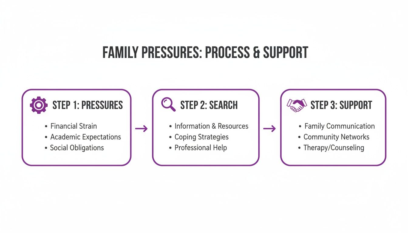 A flowchart detailing family pressures, the search for solutions, and available support mechanisms.