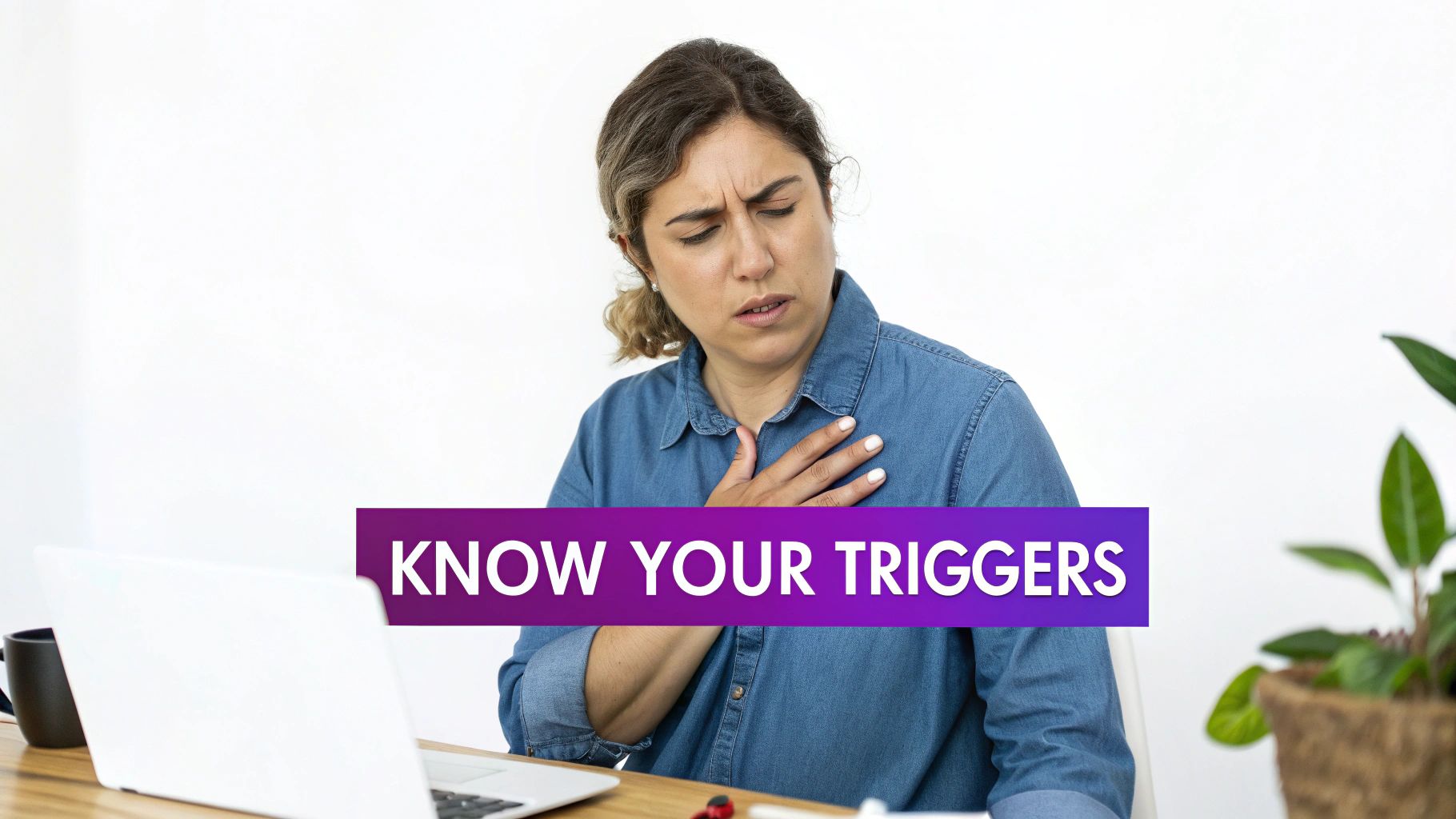 A woman with a distressed expression holds her hand to her chest, with text 'KNOW YOUR TRIGGERS'.