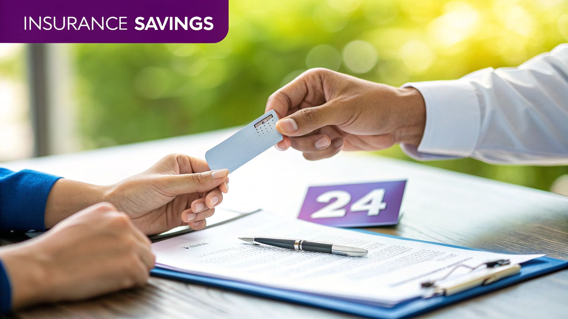 Hands exchanging a small card over a table with documents and a pen, featuring 'INSURANCE SAVINGS'.