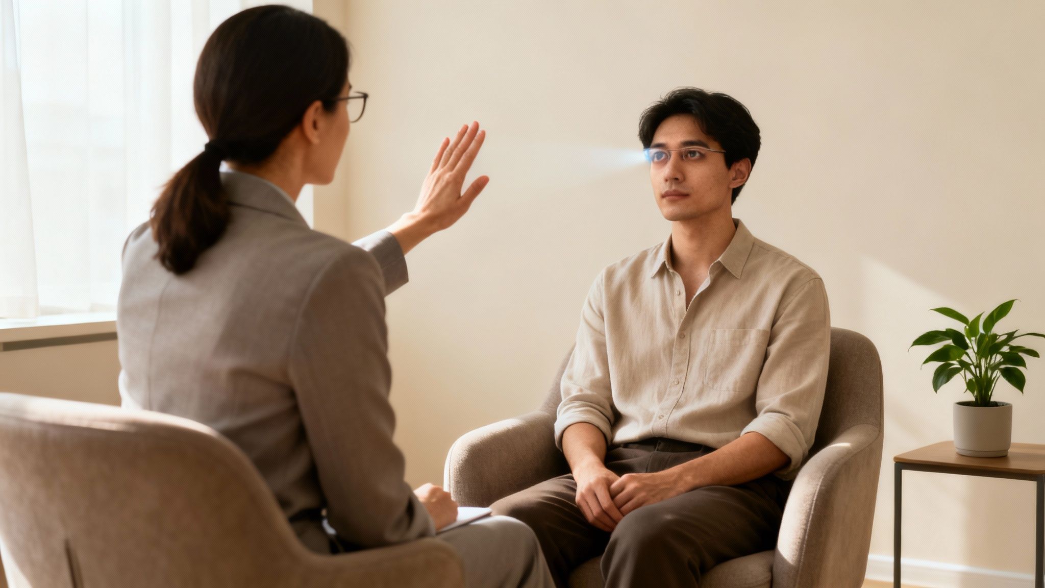 A therapist guides a male patient during an EMDR therapy session, with visual cues simulating eye movement.