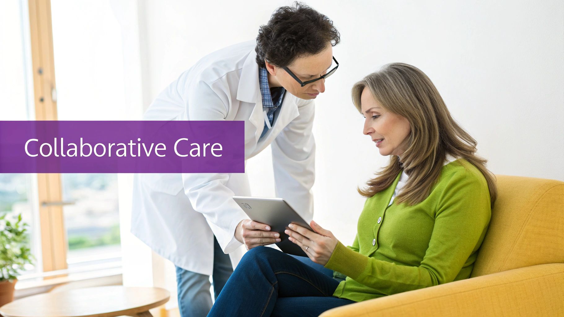 A doctor and a patient are collaboratively reviewing information on a tablet in a well-lit room.