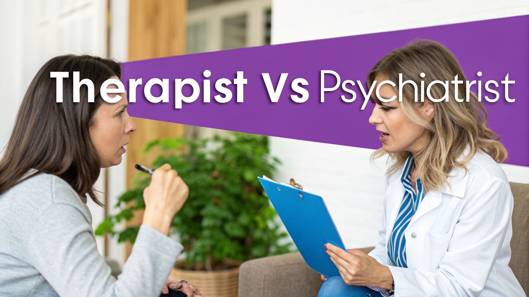 Two women discussing, one in a lab coat, with 'Therapist Vs Psychiatrist' text on a purple banner.
