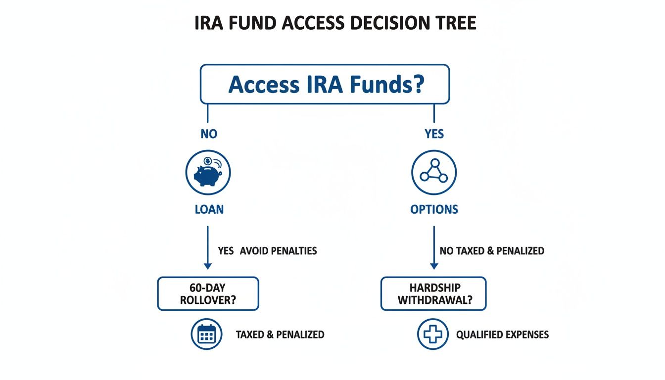 IRA fund access decision tree outlining options like loans, 60-day rollovers, and hardship withdrawals, with associated penalties.