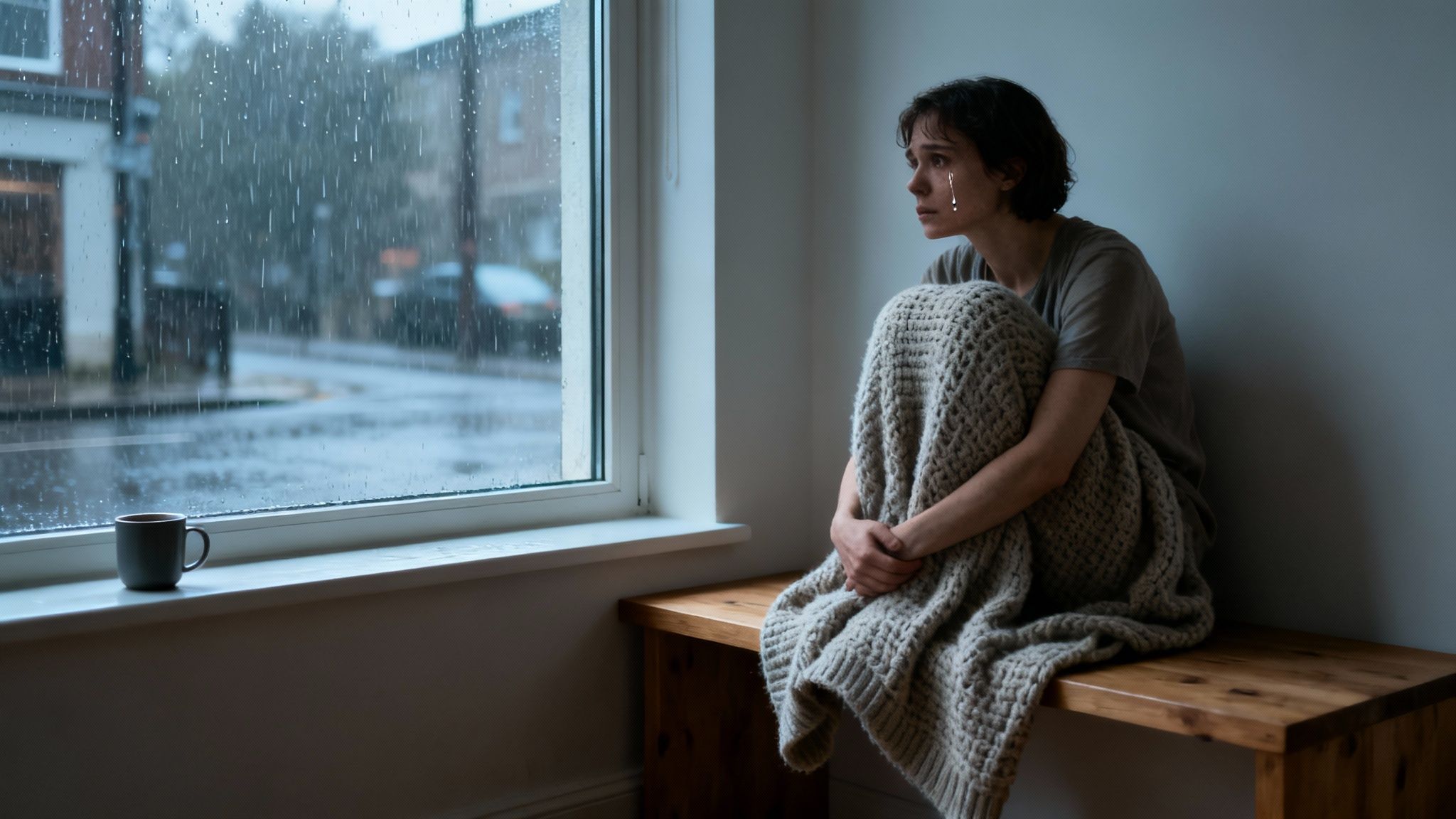 A sad woman wrapped in a blanket sits by a window, watching the rain fall outside.