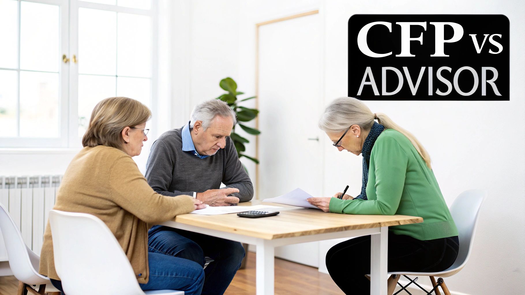 Three seniors review documents with a financial professional, discussing Certified Financial Planner vs Advisor.
