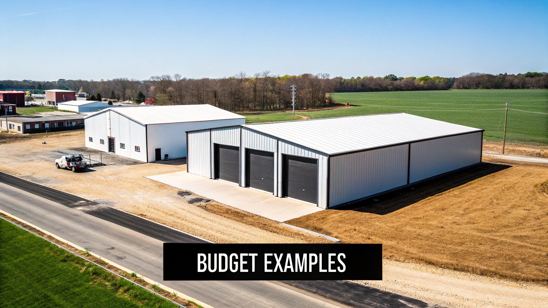 Several modern white steel buildings with black garage doors in an industrial area next to a road.