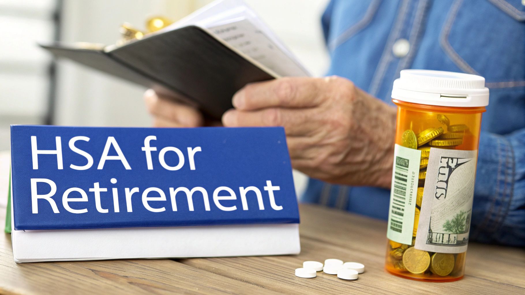 A 'HSA for Retirement' sign next to a pill bottle full of coins and bills, symbolizing future medical savings.