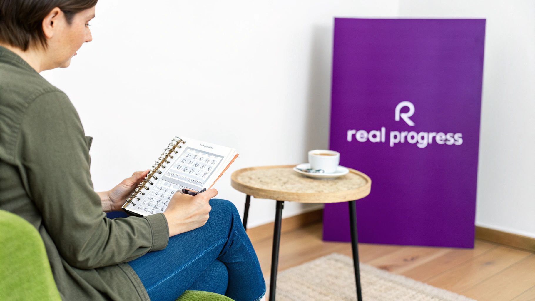 A woman writing in a spiral-bound planner next to a coffee cup, with a 'real progress' sign in the background.