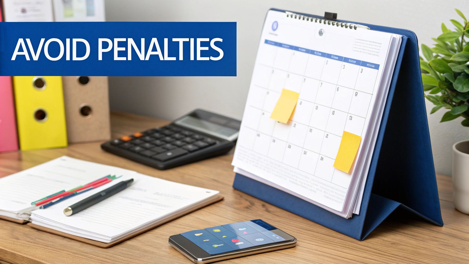 Desk setup with calendar, calculator, smartphone, and papers, displaying 'AVOID PENALTIES' banner.