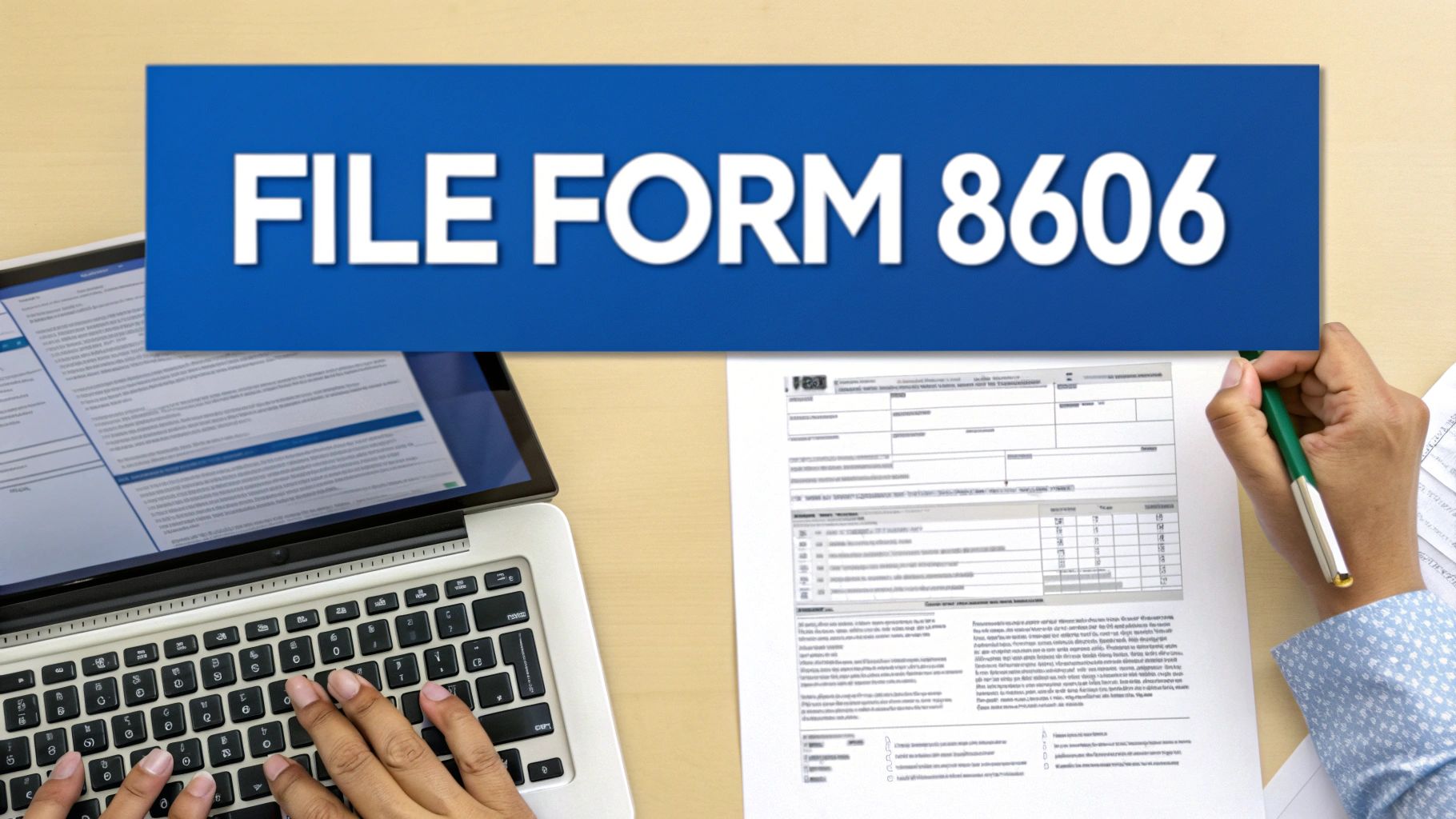 A person is filing Form 8606, working on a laptop with a tax document and a pen.