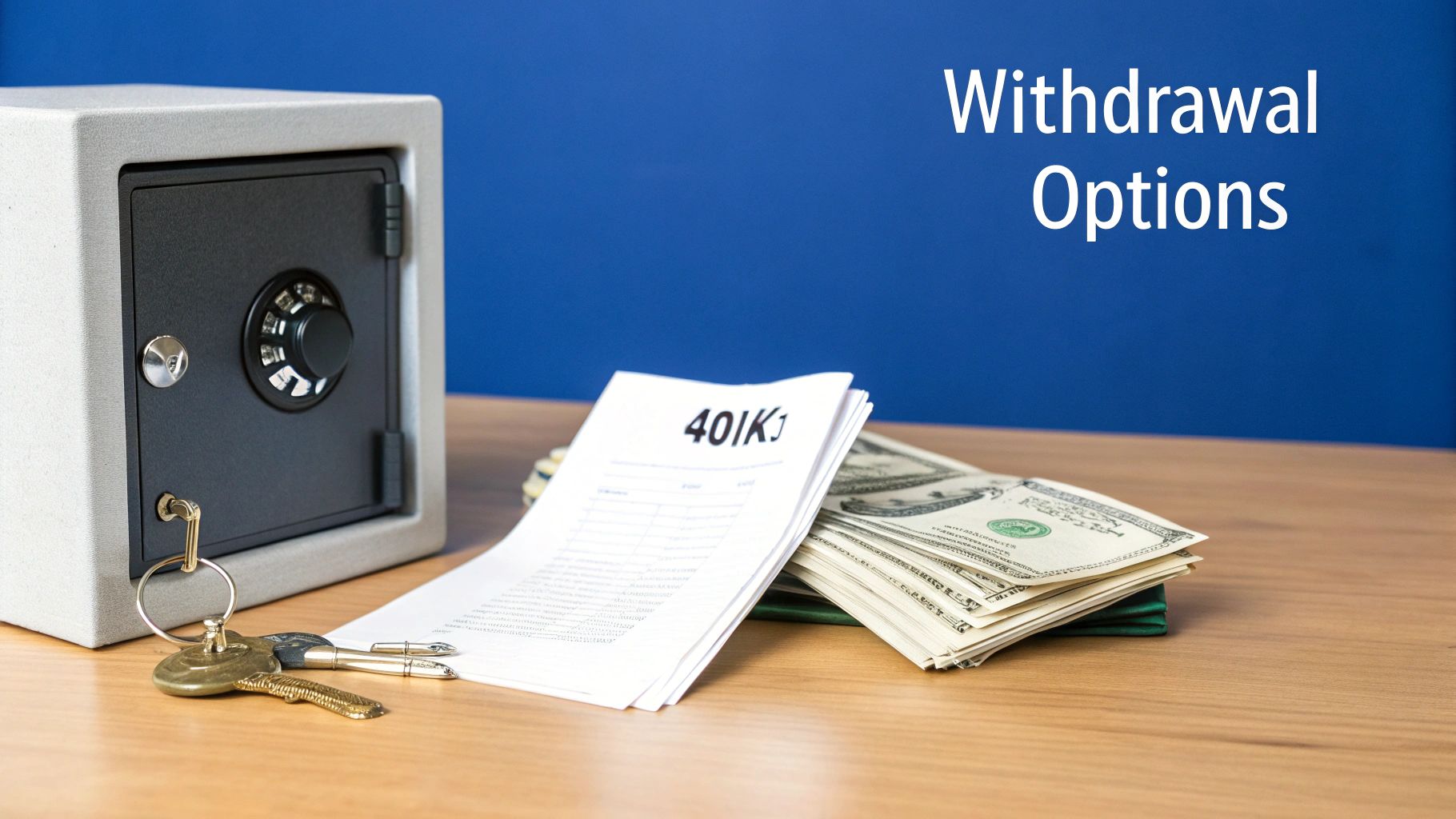 Open safe with 401k documents and cash illustrating retirement account withdrawal options
