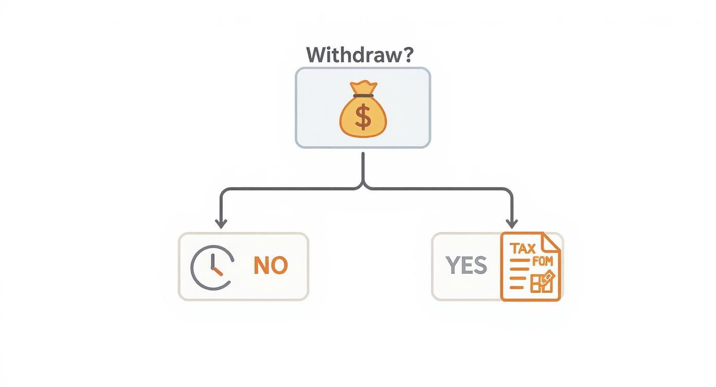 Flowchart showing a 'Withdraw?' decision. 'NO' leads to a clock icon, 'YES' to a tax form.