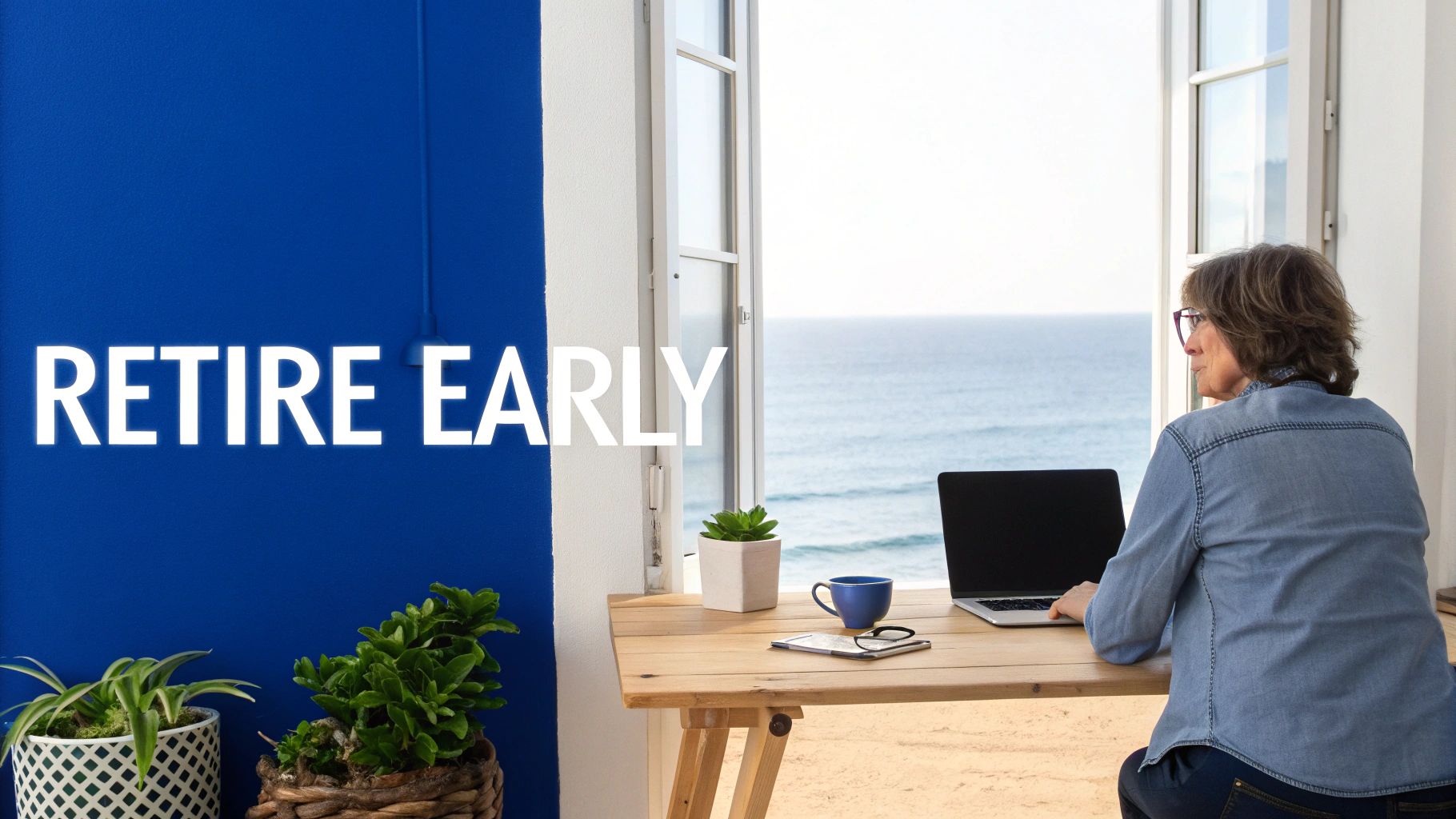 A person works on a laptop at a wooden desk overlooking the ocean, with 'RETIRE EARLY' text on a blue wall.