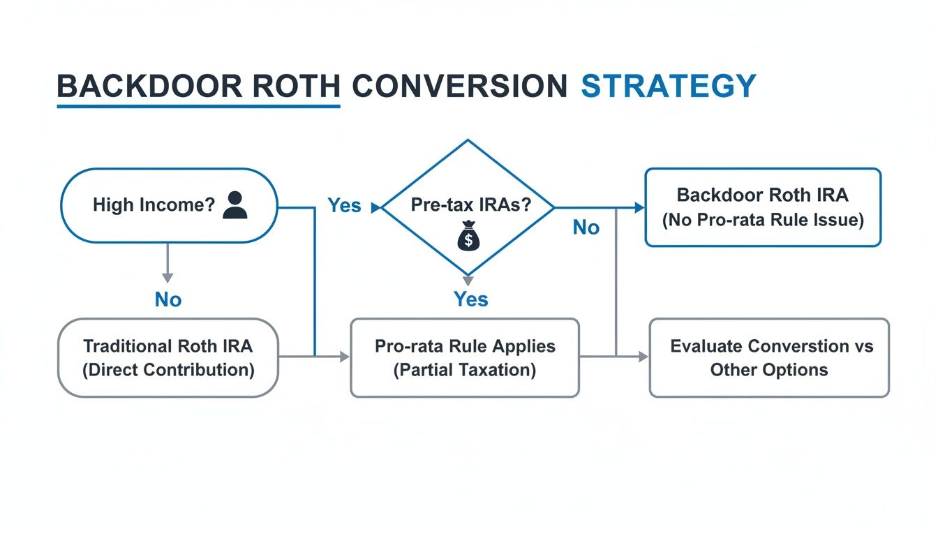 Flowchart explaining the backdoor Roth IRA conversion strategy for high-income earners.