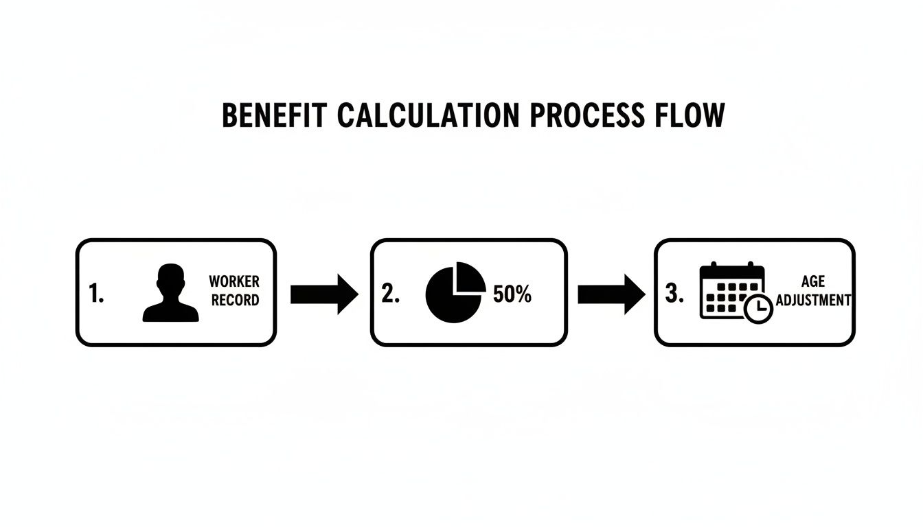 A benefit calculation process flow diagram showing worker record, 50% benefit, and age adjustment steps.