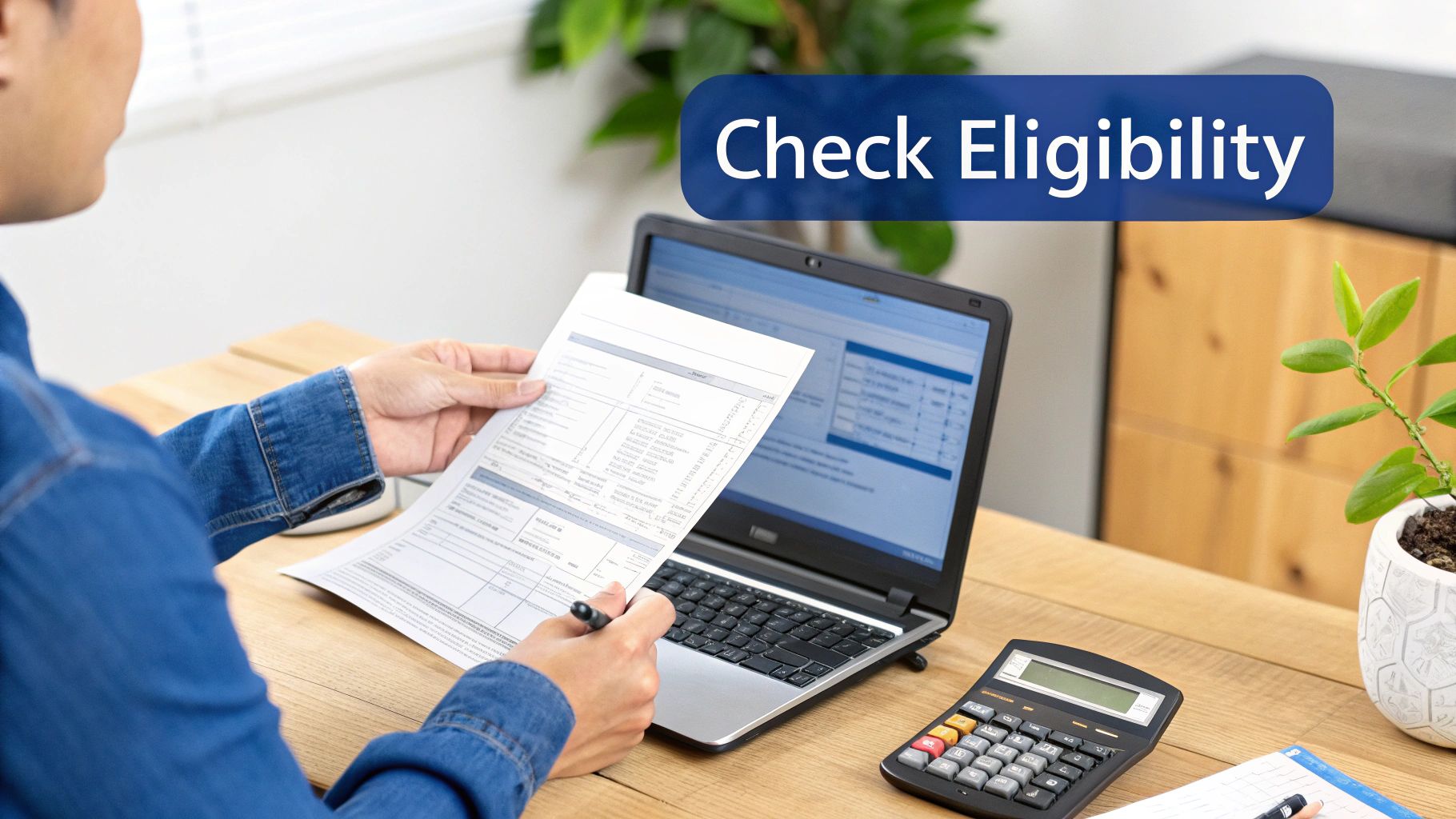Person reviewing eligibility documents and using a laptop on a wooden desk, with a calculator and plant.