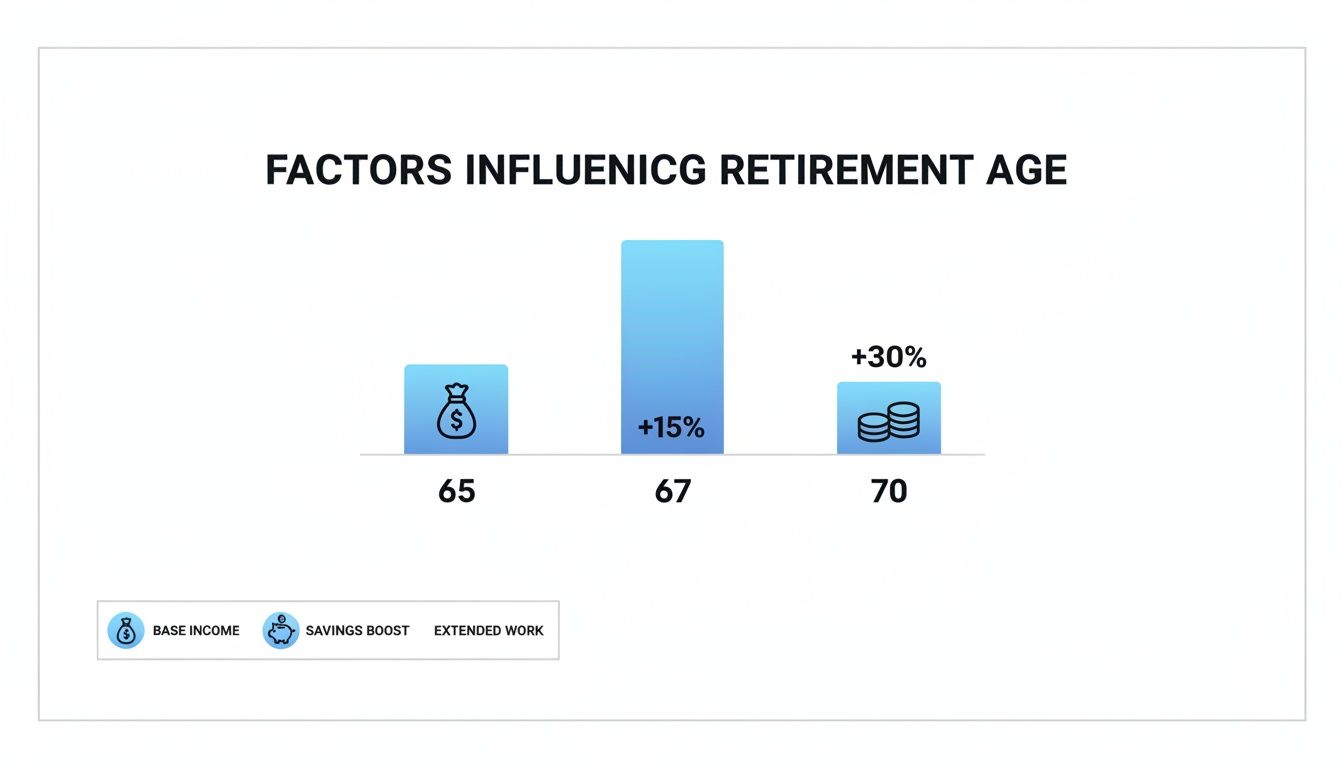 Bar chart illustrating how base income, savings boost, and extended work influence retirement age.