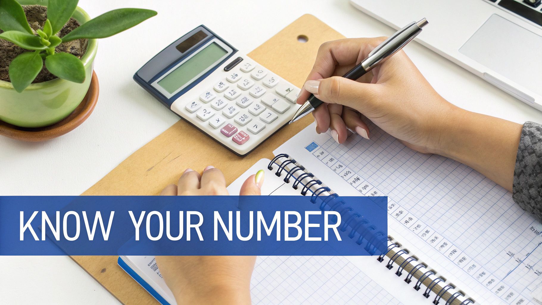 A person using a calculator with financial charts in the background, symbolizing the process of figuring out a retirement number.