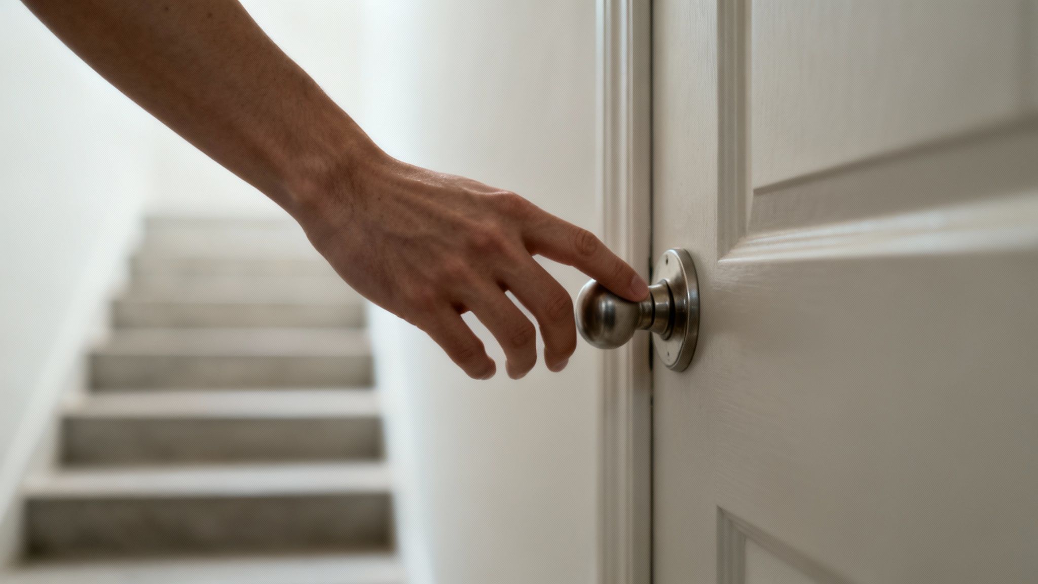 A person's hand reaches out to open a white door with a metal doorknob, with blurred stairs in the background.