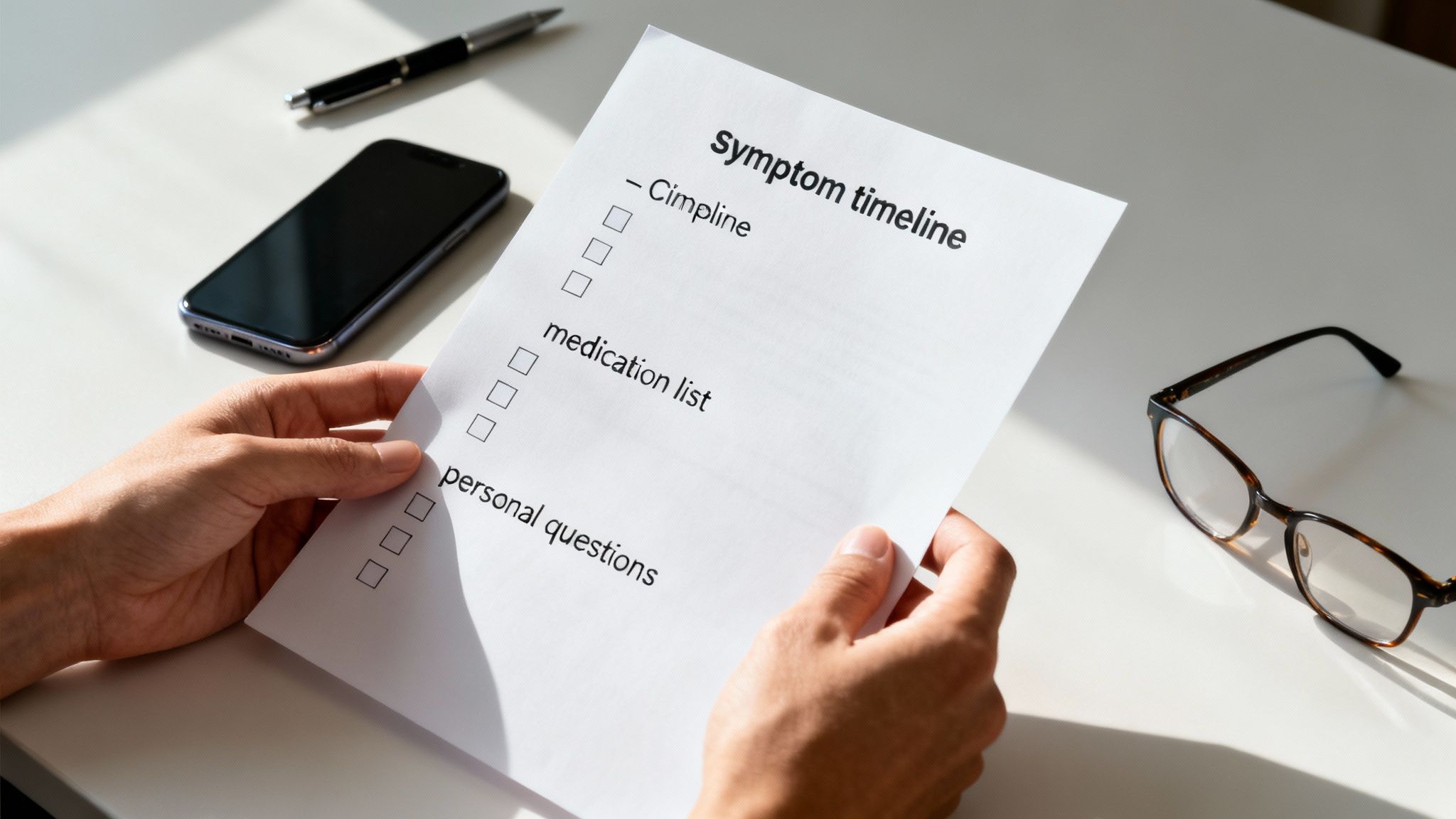 A person's hands hold a 'Symptom timeline' checklist document on a white desk with a phone, pen, and glasses.