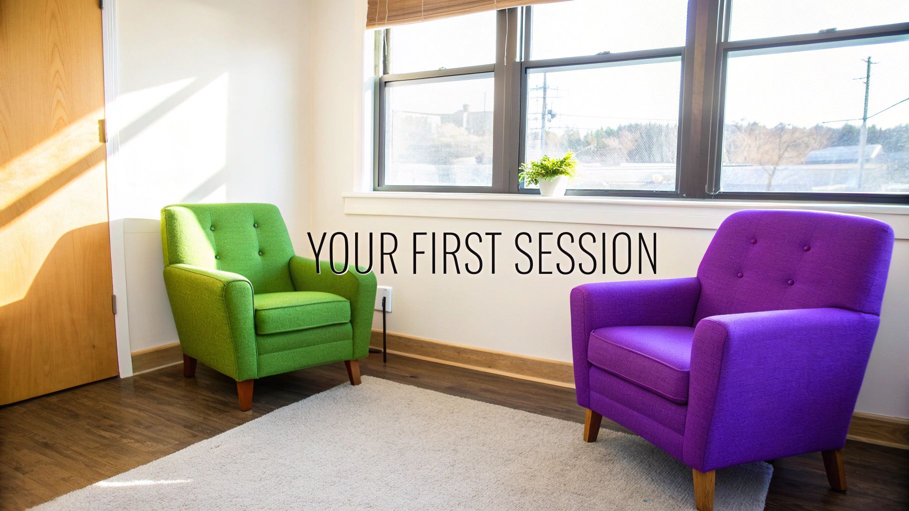 Two comfortable armchairs, green and purple, in a bright, modern counseling or therapy room.