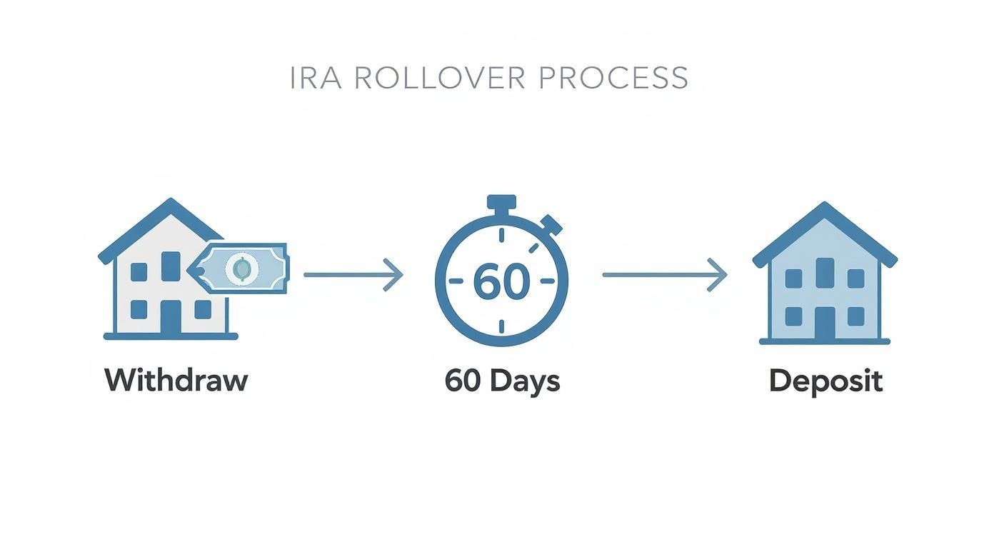 An illustration of the IRA rollover process: withdraw funds from an account, a 60-day timer, then deposit.