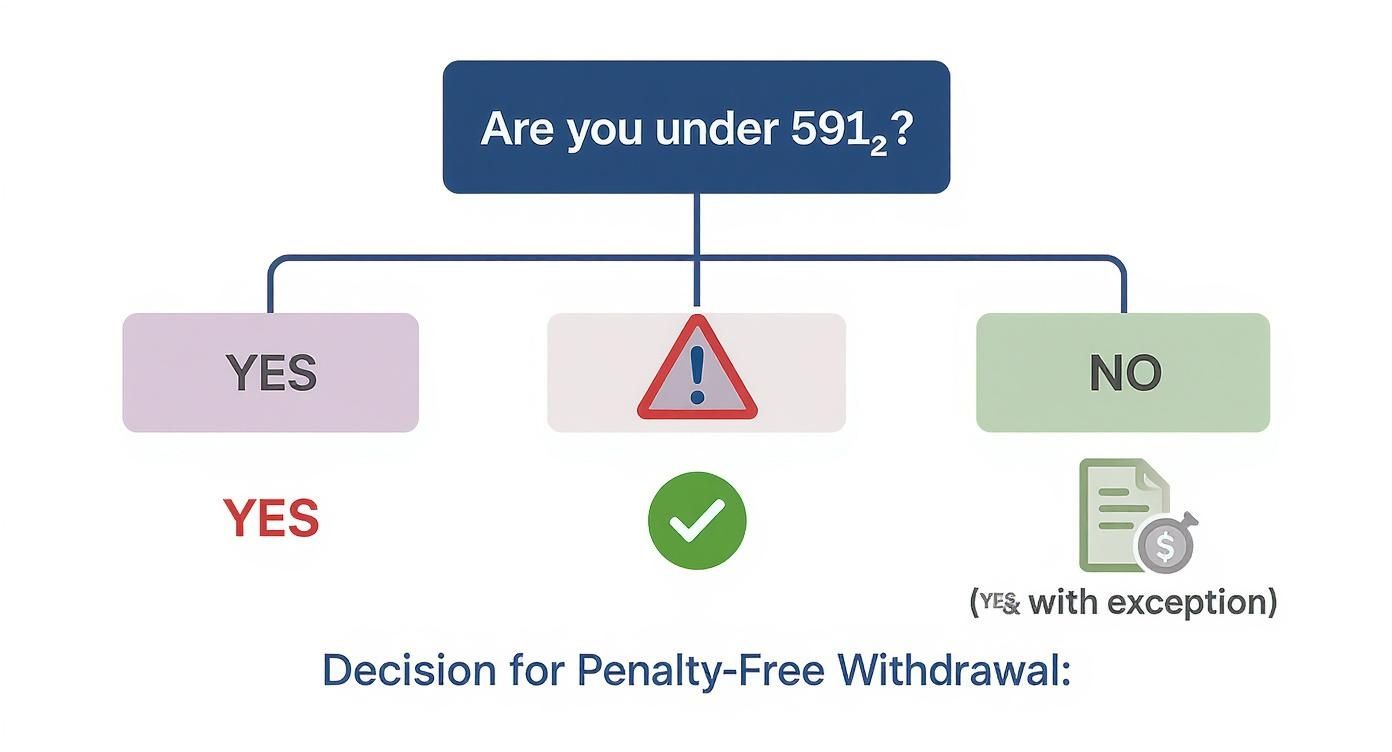 Decision flowchart for penalty-free 401k withdrawal based on age 59.5 requirement rules