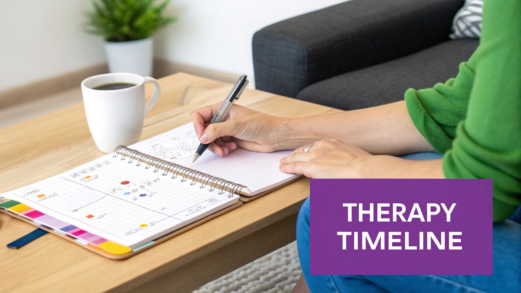 A person tracks progress in a therapy timeline planner while sitting with coffee.