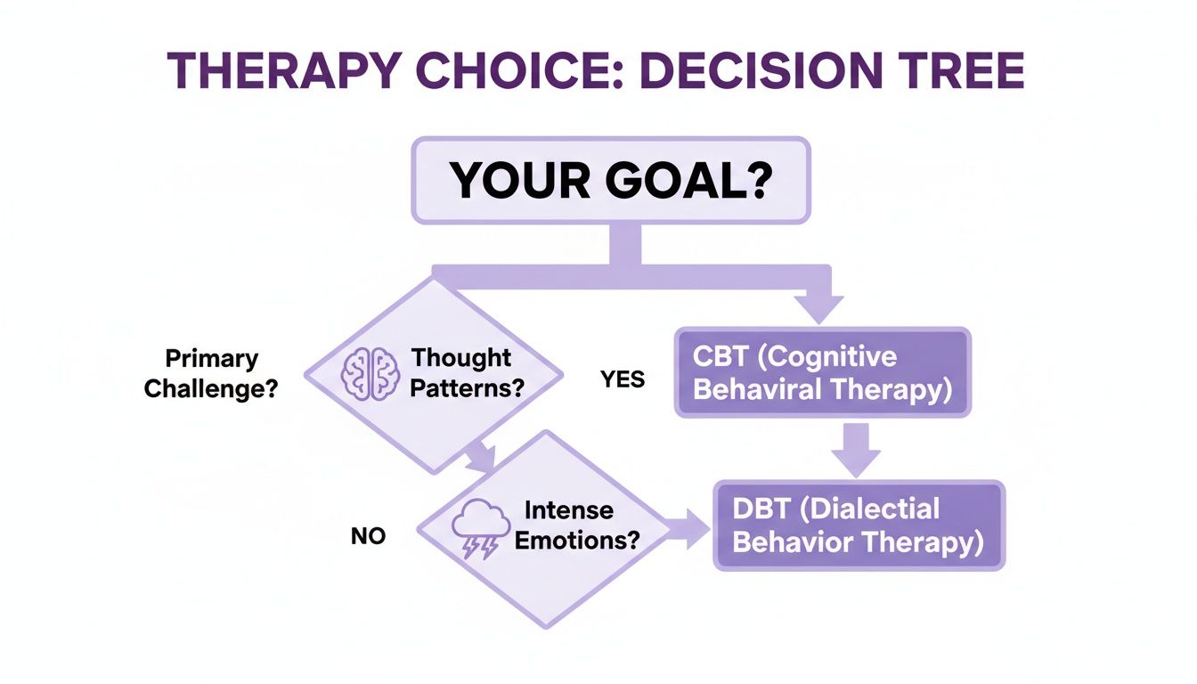 Decision tree outlining therapy choices: CBT for thought patterns, and DBT for intense emotions based on your goal.