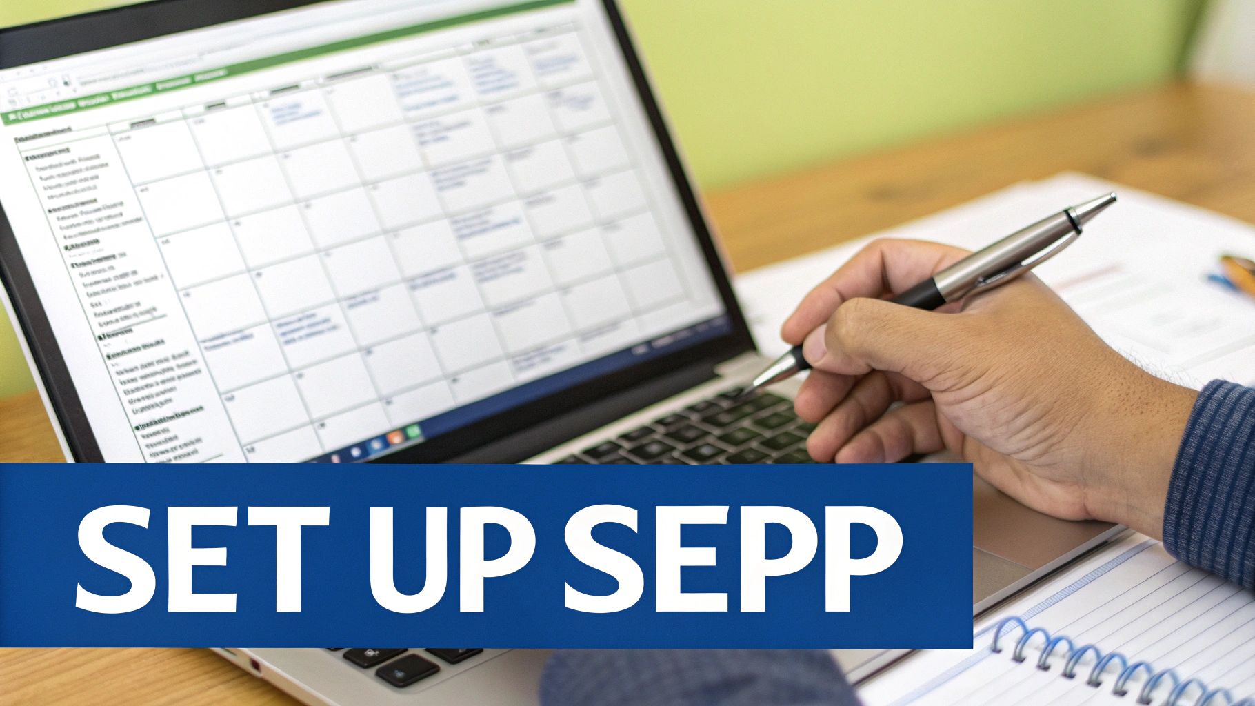 Hand holding pen, working on a laptop displaying a calendar, with 'SET UP SEPP' text, beside a notebook.