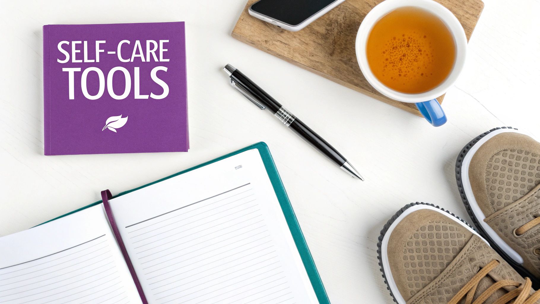 Overhead view of self-care tools: a purple book, open journal, pen, tea cup, and sneakers on a white desk.