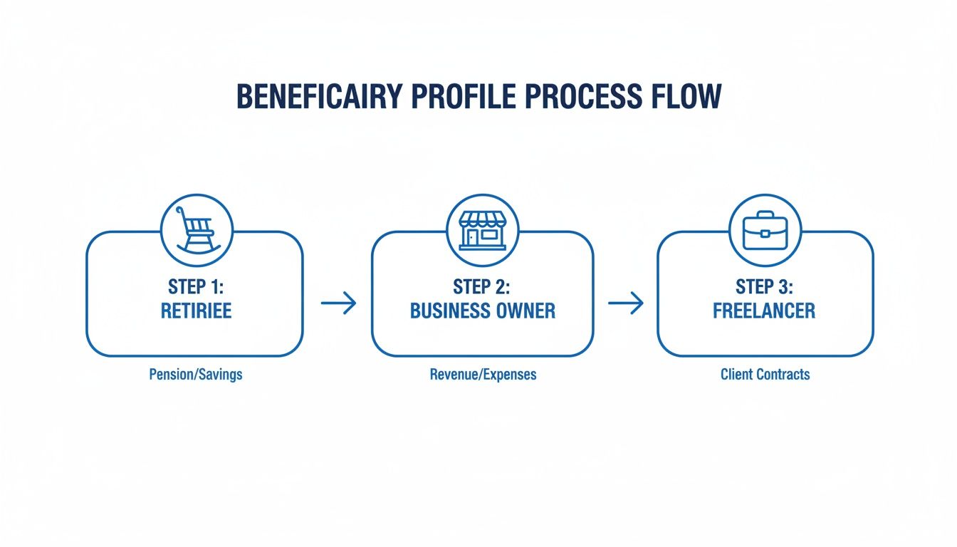 Process flow illustrating beneficiary profiles: retiree, business owner, and freelancer with associated income types.