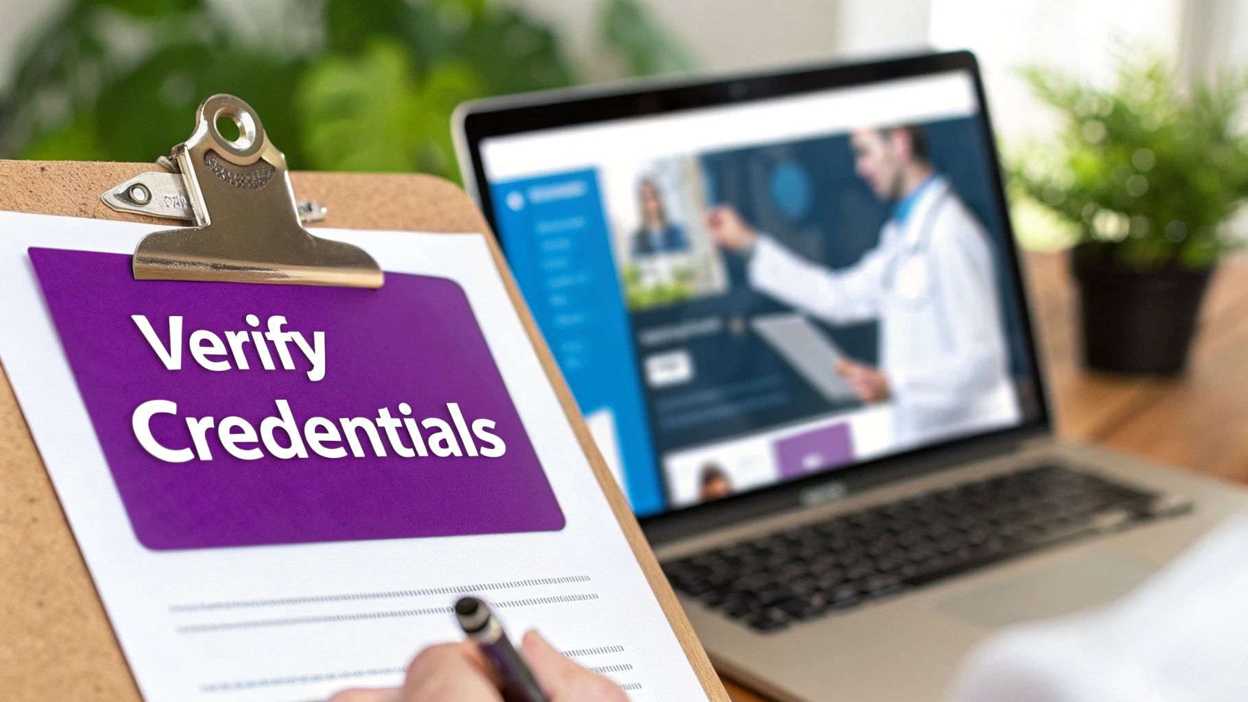 A hand with a pen near a clipboard stating 'Verify Credentials' beside a laptop showing a doctor.