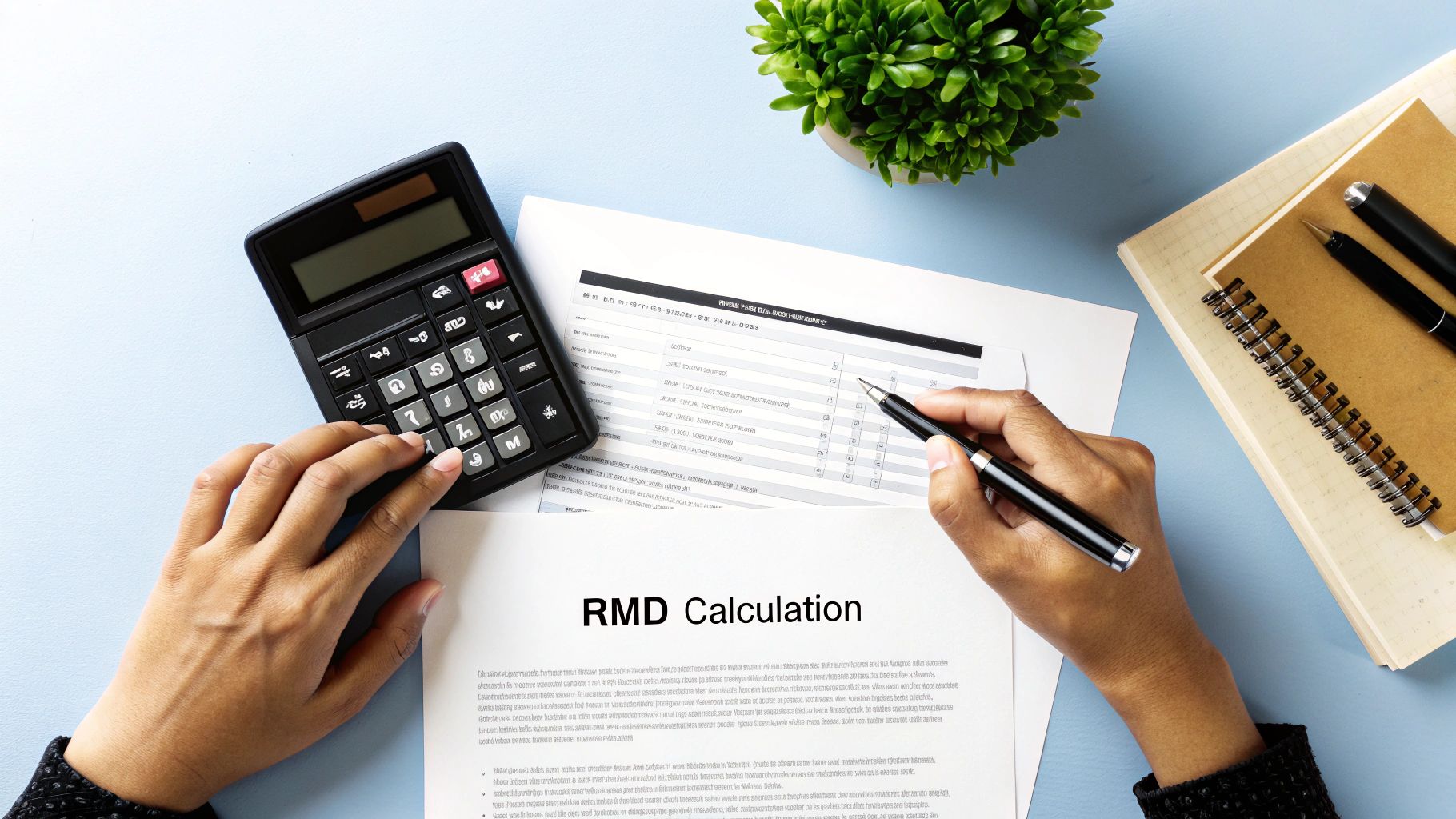 A person's hands using a calculator and a pen on a document titled "RMD Calculation" on a desk.