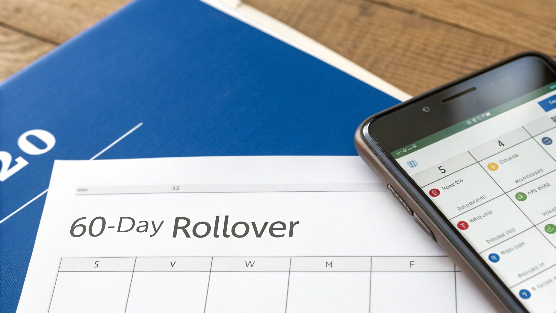 A '60-Day Rollover' document on a calendar with a smartphone showing a scheduling app.