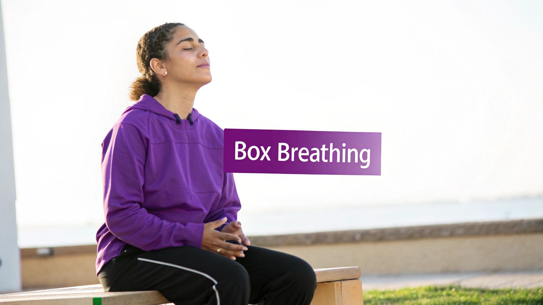 A person with eyes closed, practicing box breathing outdoors for calm and relaxation.