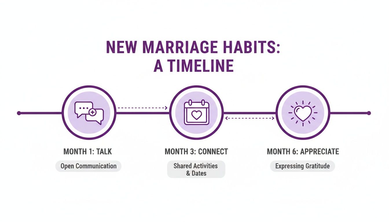 A timeline of new marriage habits, featuring steps for talking, connecting, and appreciating over six months.