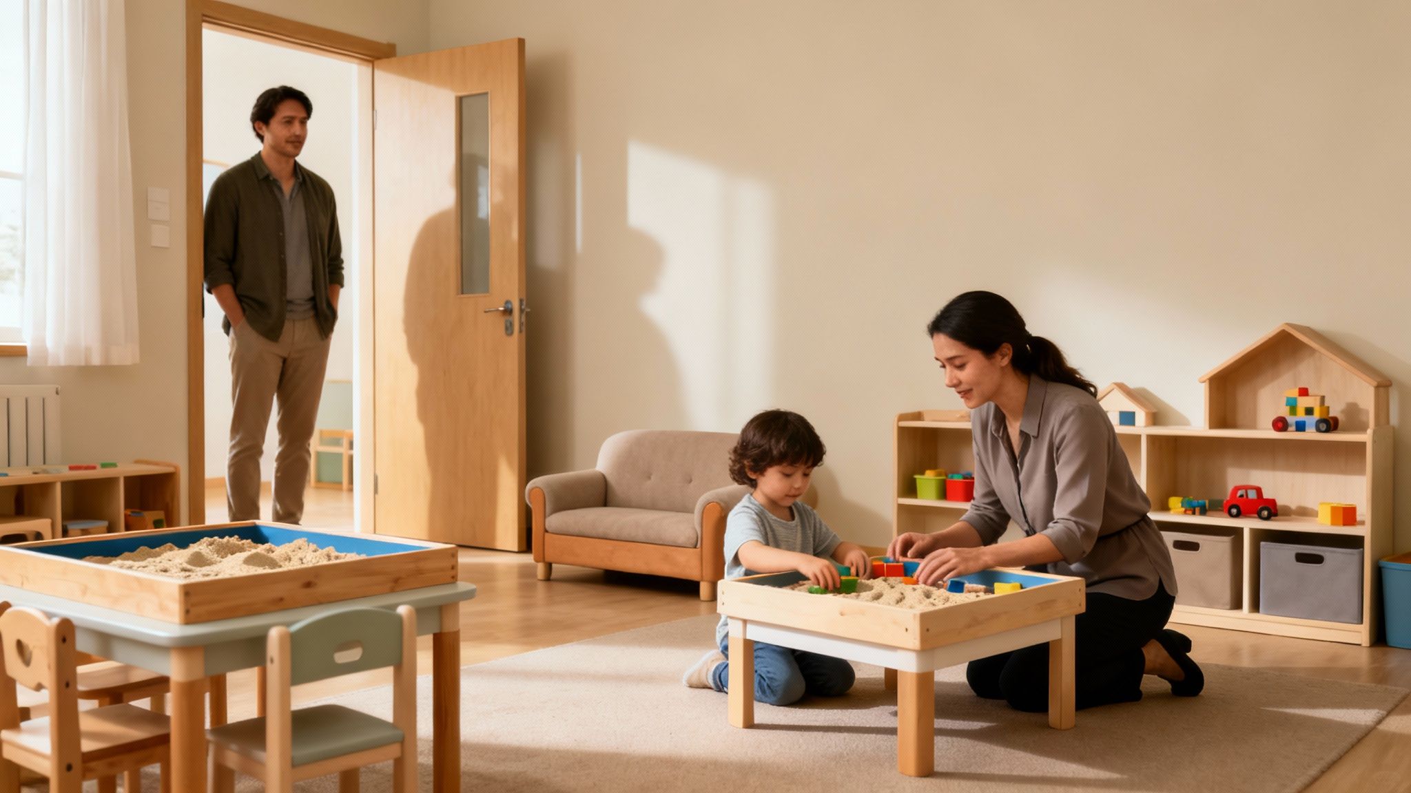 A woman and a child are engaged in play therapy, building with blocks in a sand table, while a man observes from the doorway.