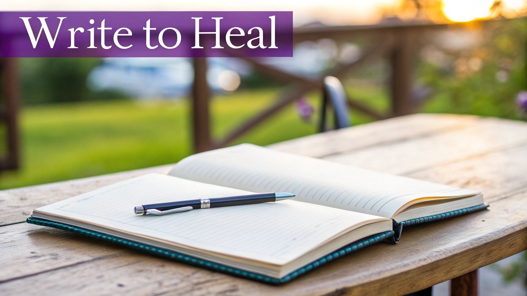 An open notebook and pen on a wooden table outdoors, with a 'Write to Heal' banner.