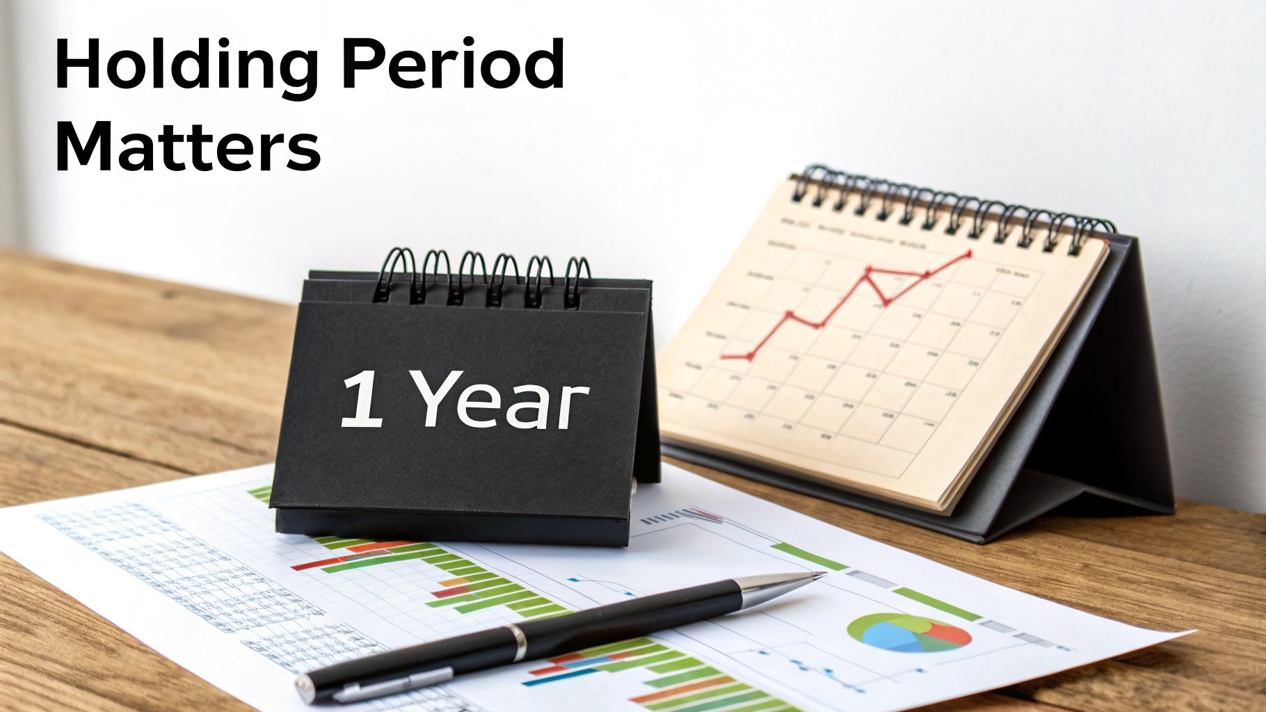 A desk with two calendars, one showing '1 Year', financial charts, and a pen, emphasizing investment holding period.