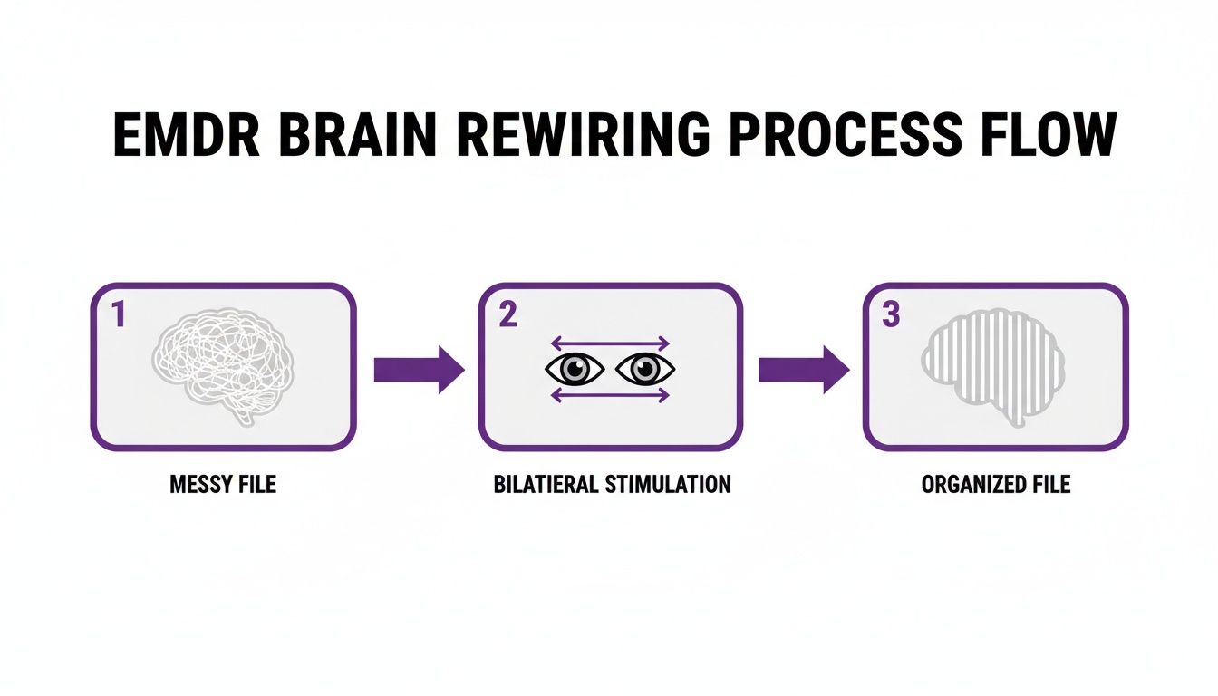 A diagram illustrating the EMDR brain rewiring process flow from a messy brain to an organized one.