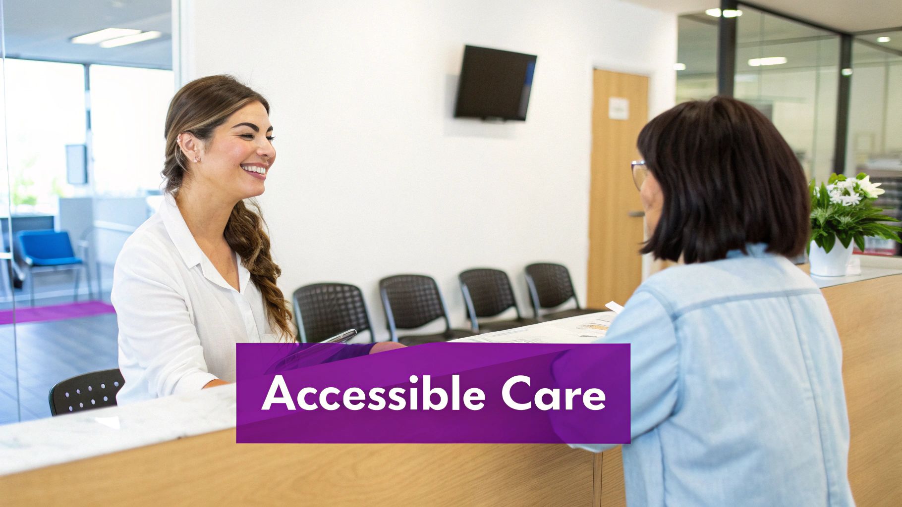A friendly receptionist smiles at a patient at a modern medical clinic reception desk.
