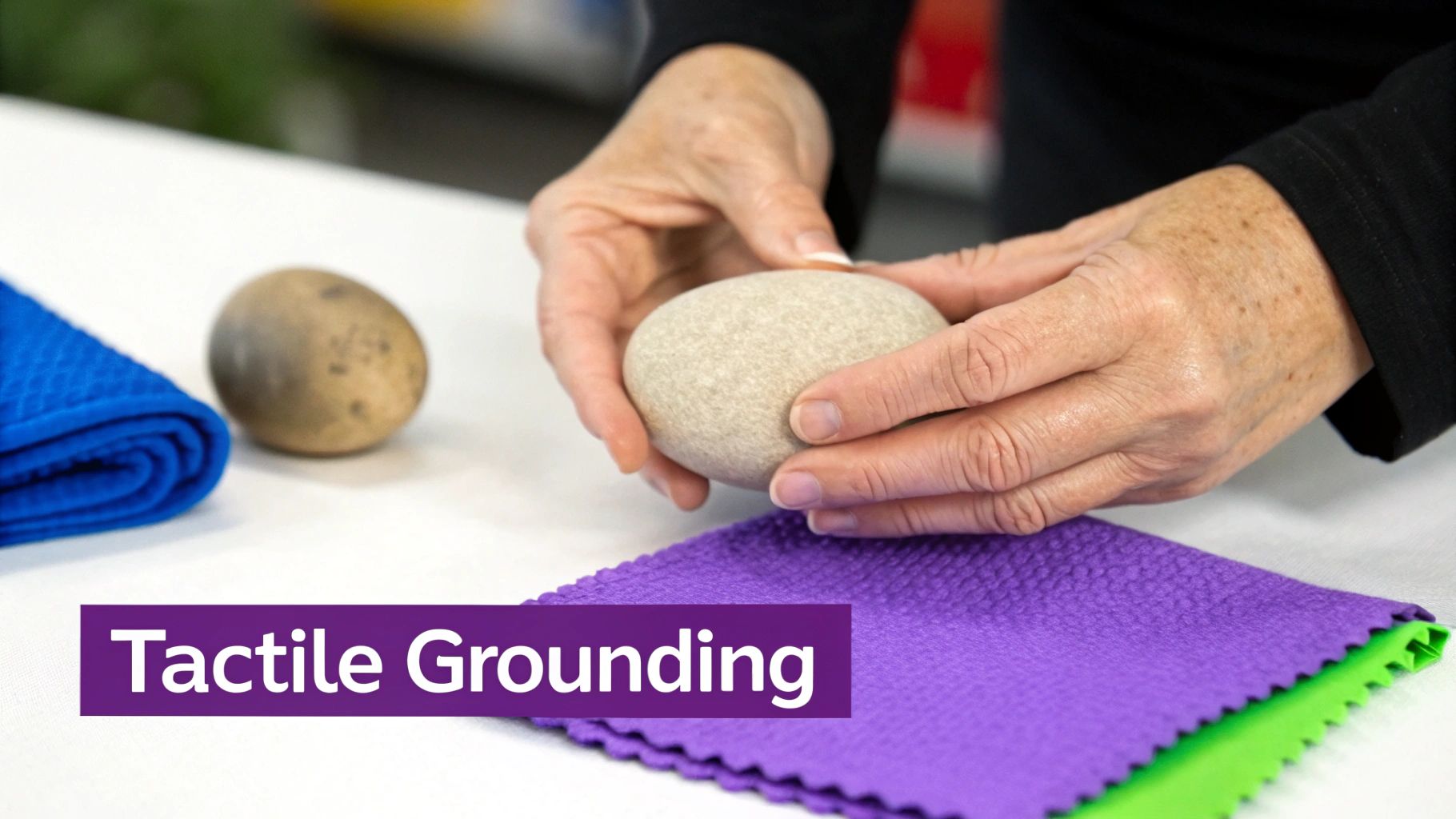 A person's hands gently hold a smooth stone, with textured fabrics and another stone on a table, illustrating tactile grounding.