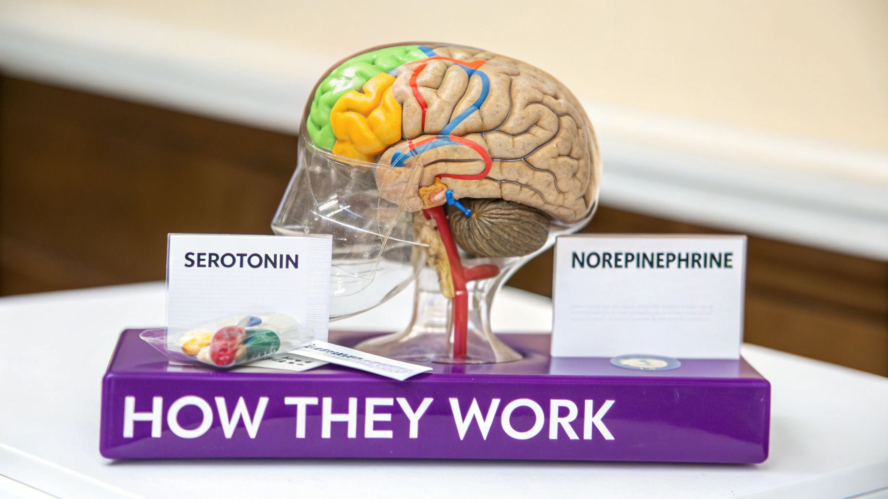 A detailed model of the human brain with signs for Serotonin and Norepinephrine, illustrating how neurotransmitters work.
