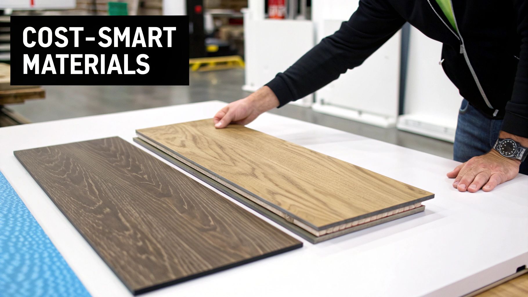 A person's hands displaying two wood-look material samples on a white table, labeled cost-smart materials.