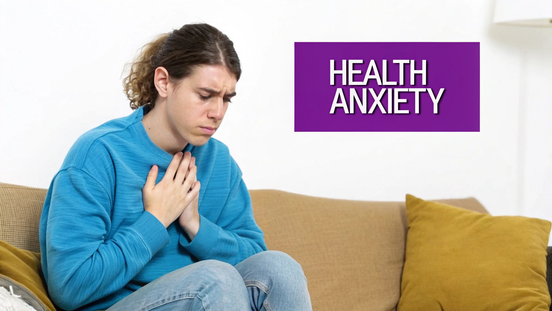 A distressed person sitting on a couch, holding their chest, with "HEALTH ANXIETY" text on a purple background.