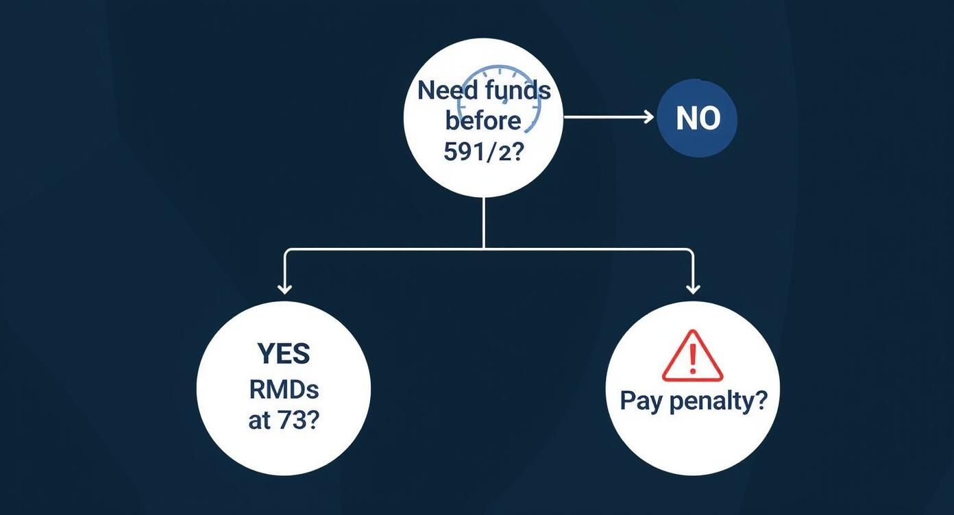 Flowchart illustrating decisions for accessing funds before age 59 1/2, RMDs, and potential penalties.