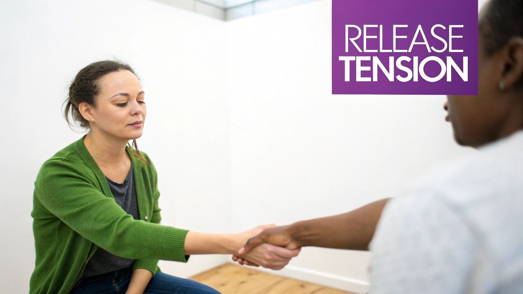 A calm woman with closed eyes shakes hands with another person, with "RELEASE TENSION" text.